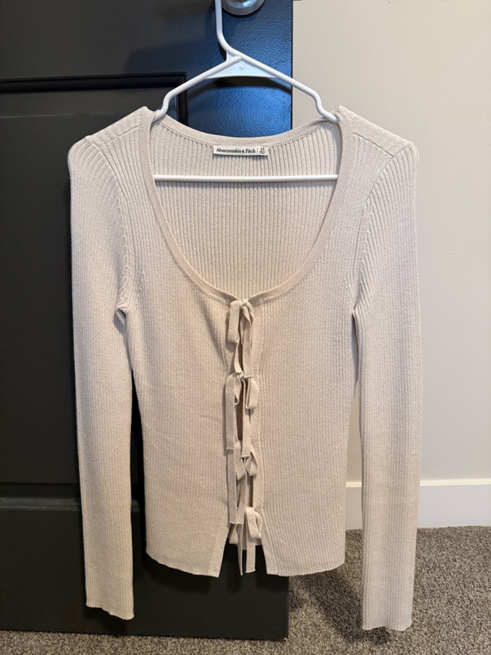 Abercrombie & Fitch Beige Tie-Front Ribbed Long-Sleeve Top